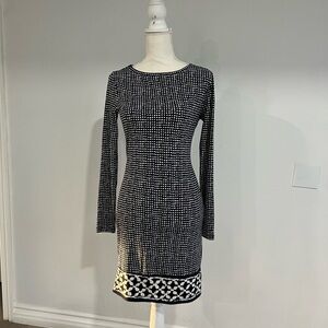 Michael Kors Black and White Long-Sleeve Patterned Knit Dress